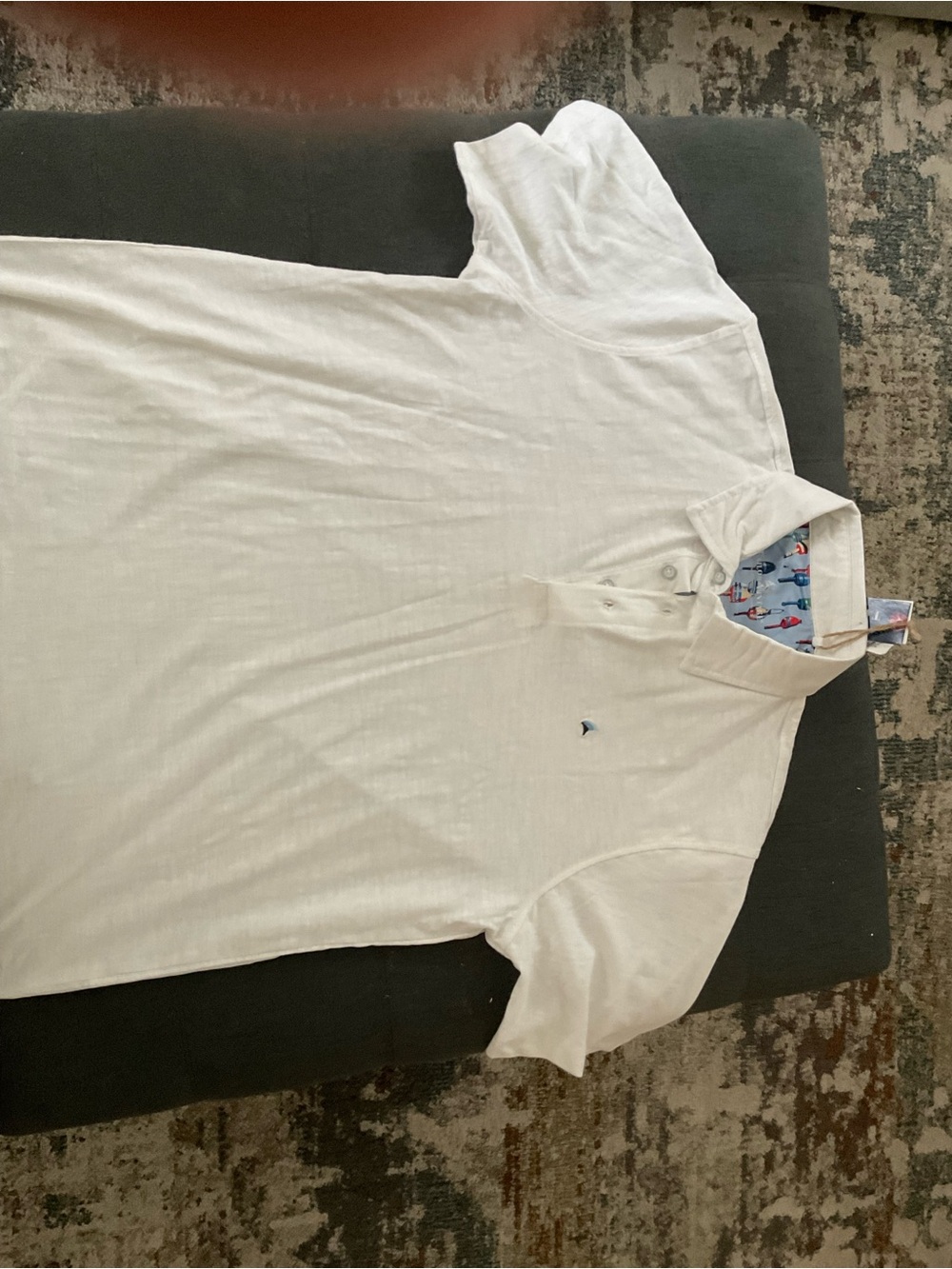Men's White Short-Sleeve Polo with Patterned Collar Accent